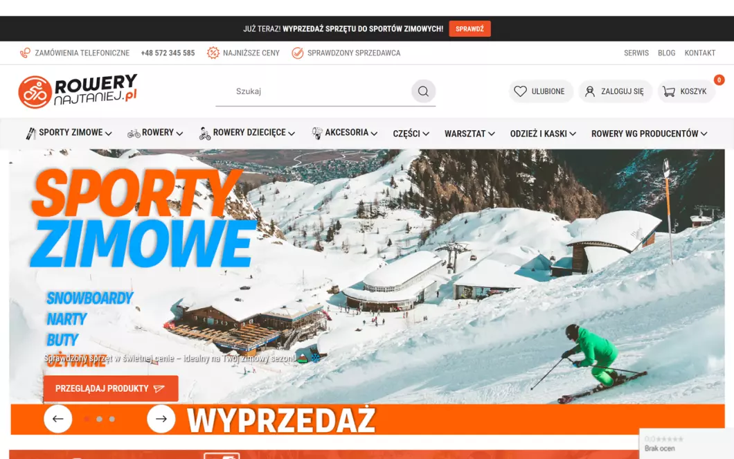 Zrzut ekranu strony RoweryNajtaniej - internetowy sklep rowerowy