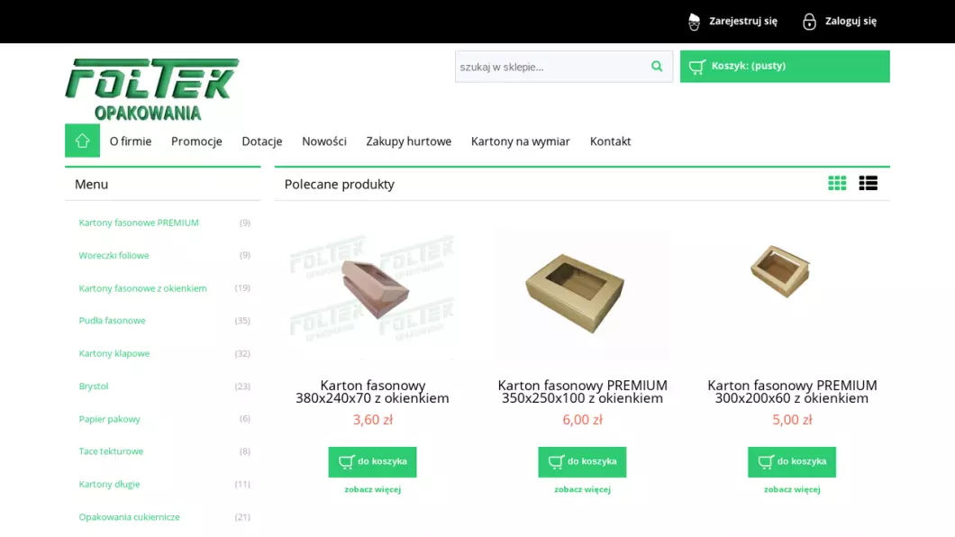 Zrzut ekranu strony Producent opakowań kartonowychFoltek Opakowania