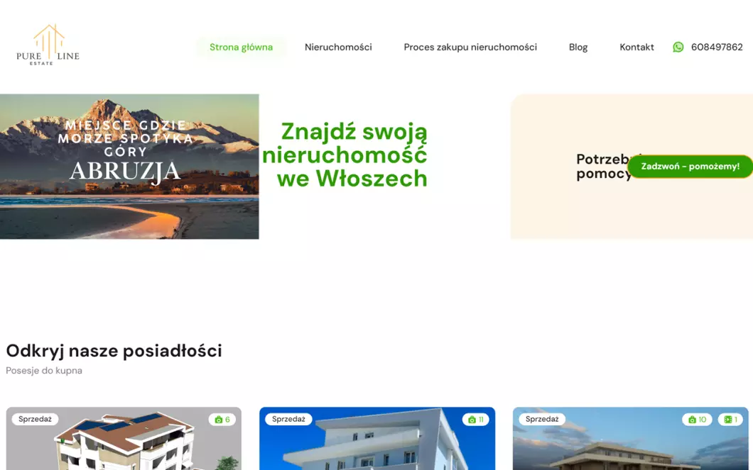 Zrzut ekranu strony Nieruchomości na sprzedaż Włochy | Pureline Estate