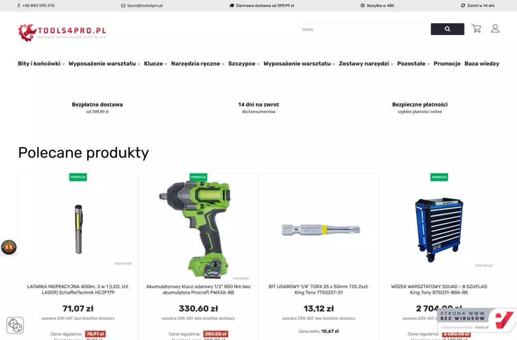 Zrzut ekranu strony Sklep z narzędziami warsztatowymi tools4pro.pl