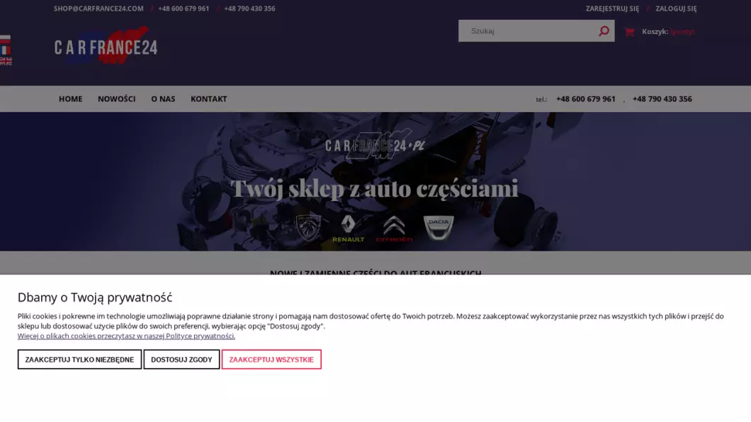 Zrzut ekranu strony Sklep z częściami do samochodów francuskich Carfrance24