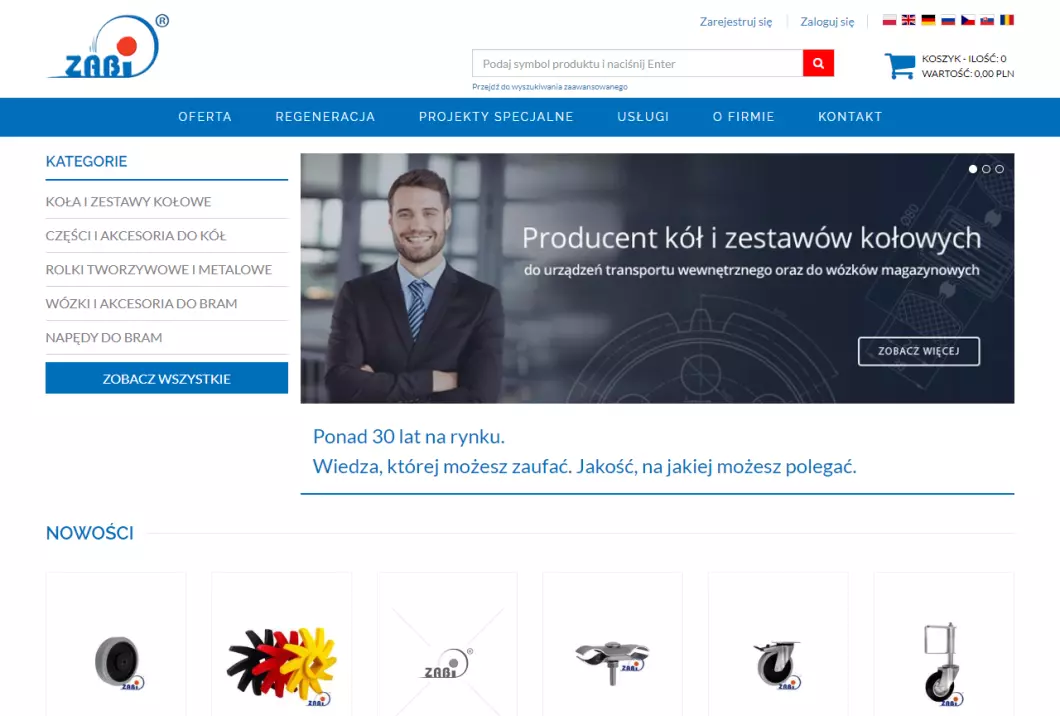 Zrzut ekranu strony Zabi - producent zestawów kołowych